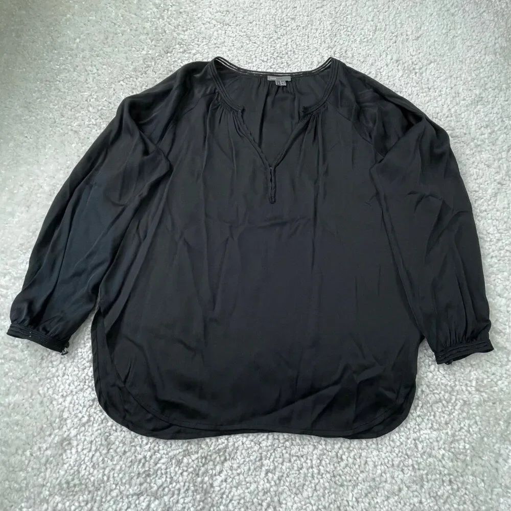 VINCE Silk Long Sleeve V-Neck Blouse Black Womens Large